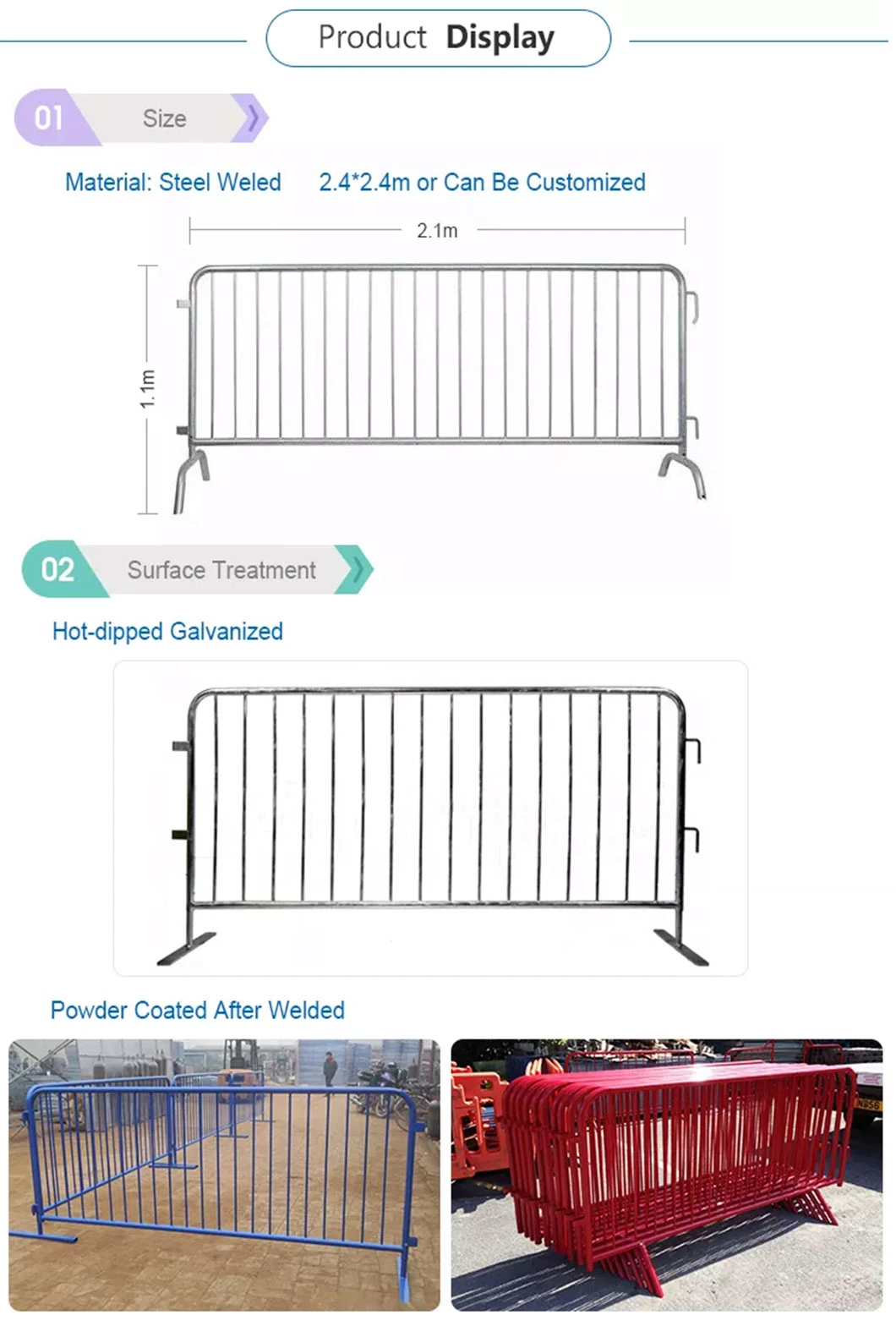 Detached Feet Galvanised Traffic Road Safety Pedestrian Crowd Control Barrier